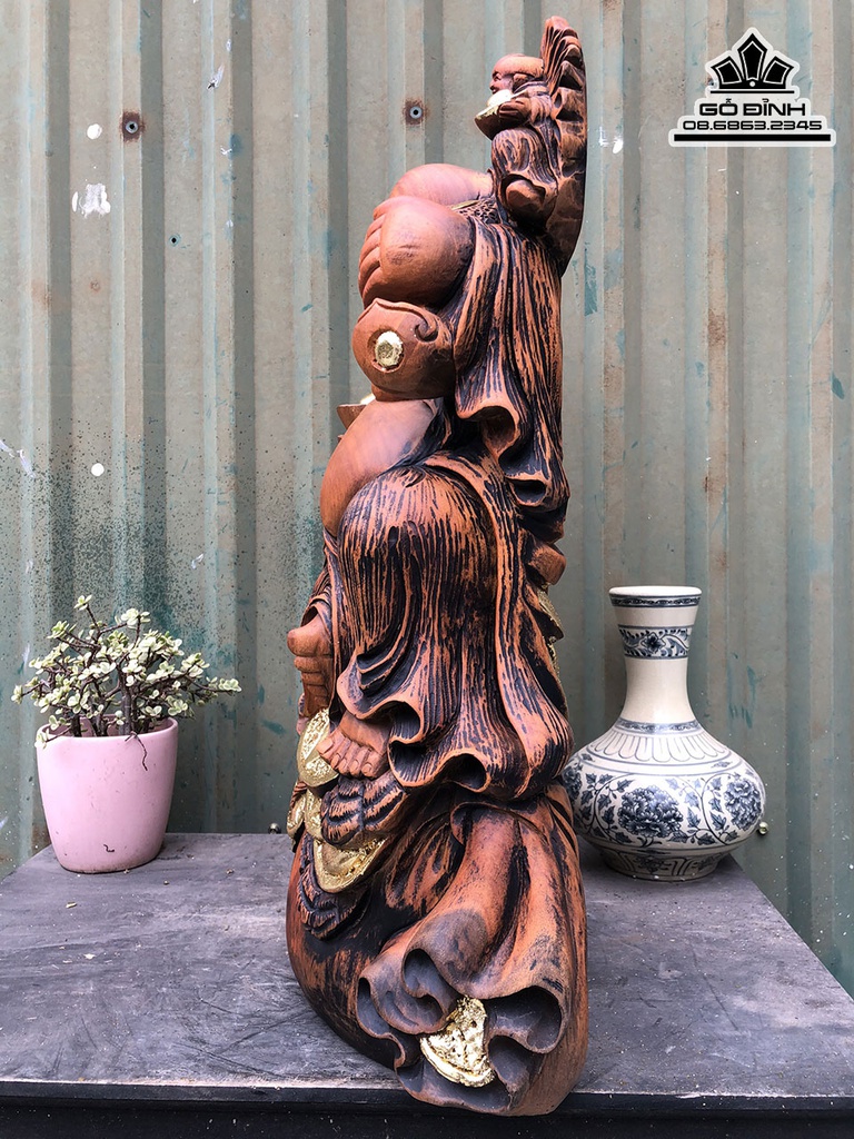 Tượng Phật Di Lặc Ngồi Bao Tiền Gỗ Xá Xị (Gù Hương) Cao 60 Ngang 42 Sâu 16 (cm)