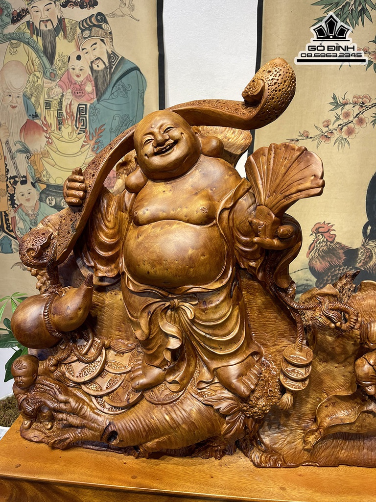 Tượng Phật Di Lặc Vác Gậy Như Ý Gỗ Ngọc Am Cao 60 Ngang 70 Sâu 26 Cả Kỷ 75 (cm) 2