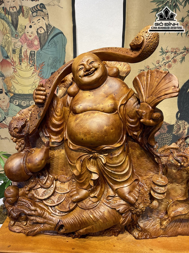 Tượng Phật Di Lặc Vác Gậy Như Ý Gỗ Ngọc Am Cao 60 Ngang 70 Sâu 26 Cả Kỷ 75 (cm) 3