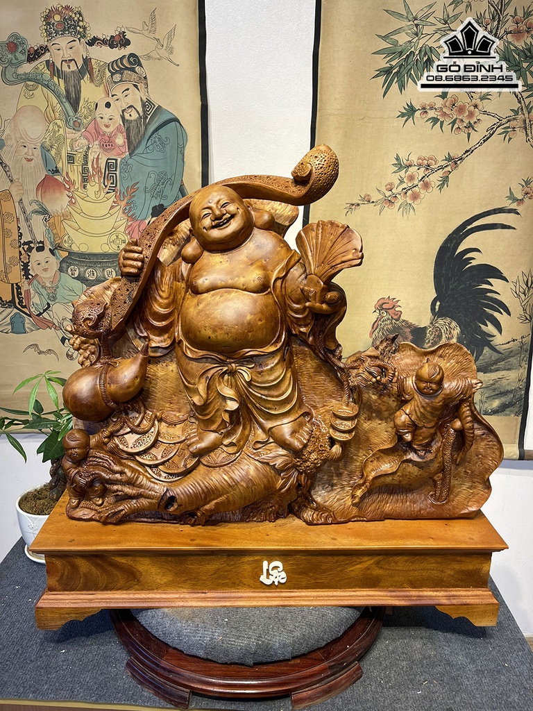Tượng Phật Di Lặc Vác Gậy Như Ý Gỗ Ngọc Am Cao 60 Ngang 70 Sâu 26 Cả Kỷ 75 (cm)