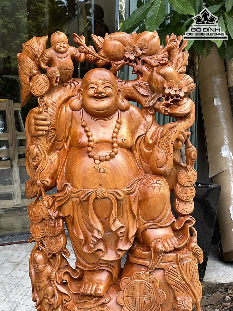 Tượng Phật Di Lặc Vác Cành Đào Gỗ Ngọc Am Cao 98 Ngang 46 Sâu 30 (cm) 2