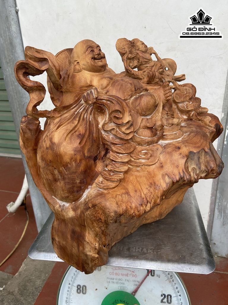 Tượng Phật Di Lặc Vác Gậy Như Ý Gỗ Ngọc Am Cao 34 Ngang 46 Sâu 28 (cm) 7