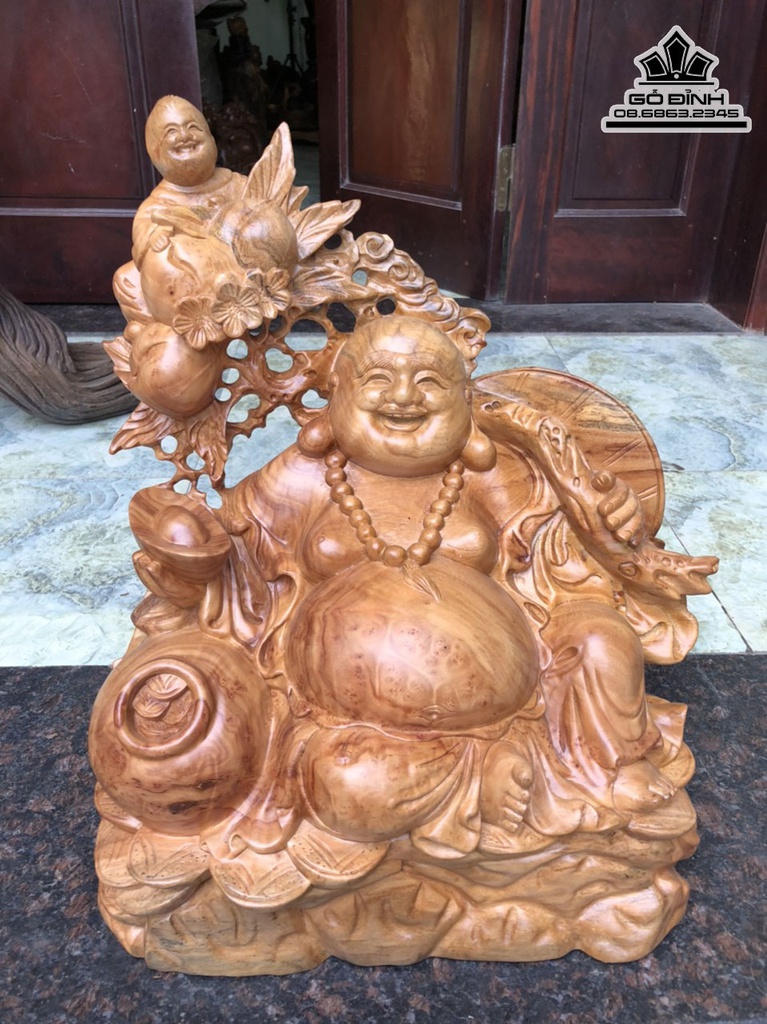 Tượng Phật Di Lặc Vác Cành Đào Gỗ Xá Xị (Gù Hương) Cao 48 Ngang 40 Sâu 20 (cm) 2