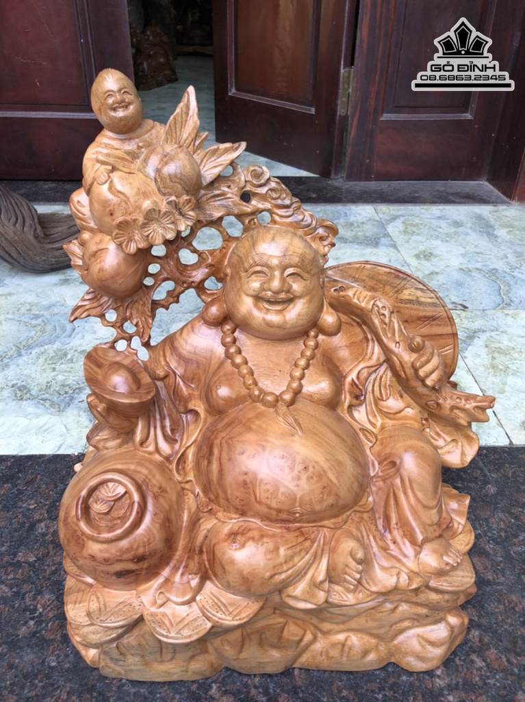 Tượng Phật Di Lặc Vác Cành Đào Gỗ Xá Xị (Gù Hương) Cao 48 Ngang 40 Sâu 20 (cm) 3