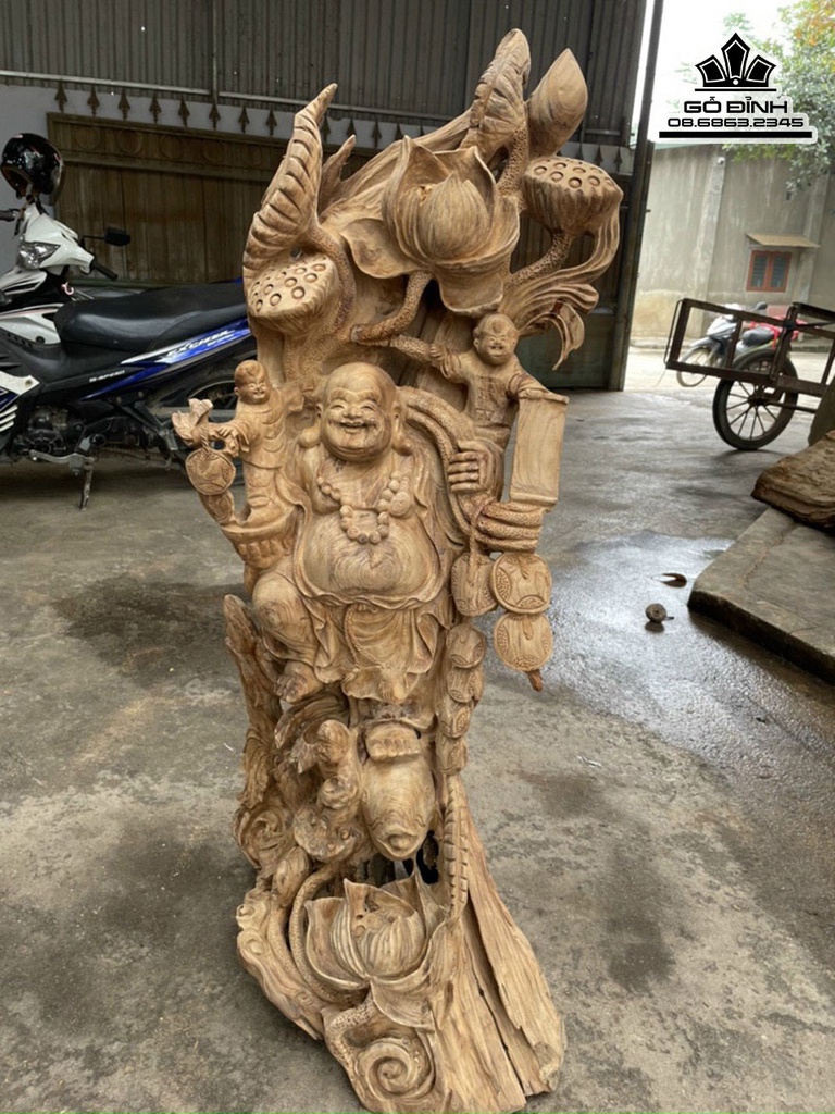 Tương Phật Di Lặc Vác Sen Gỗ Ngọc Am Cao 107 Ngang 55 Sâu 32 (cm) 1