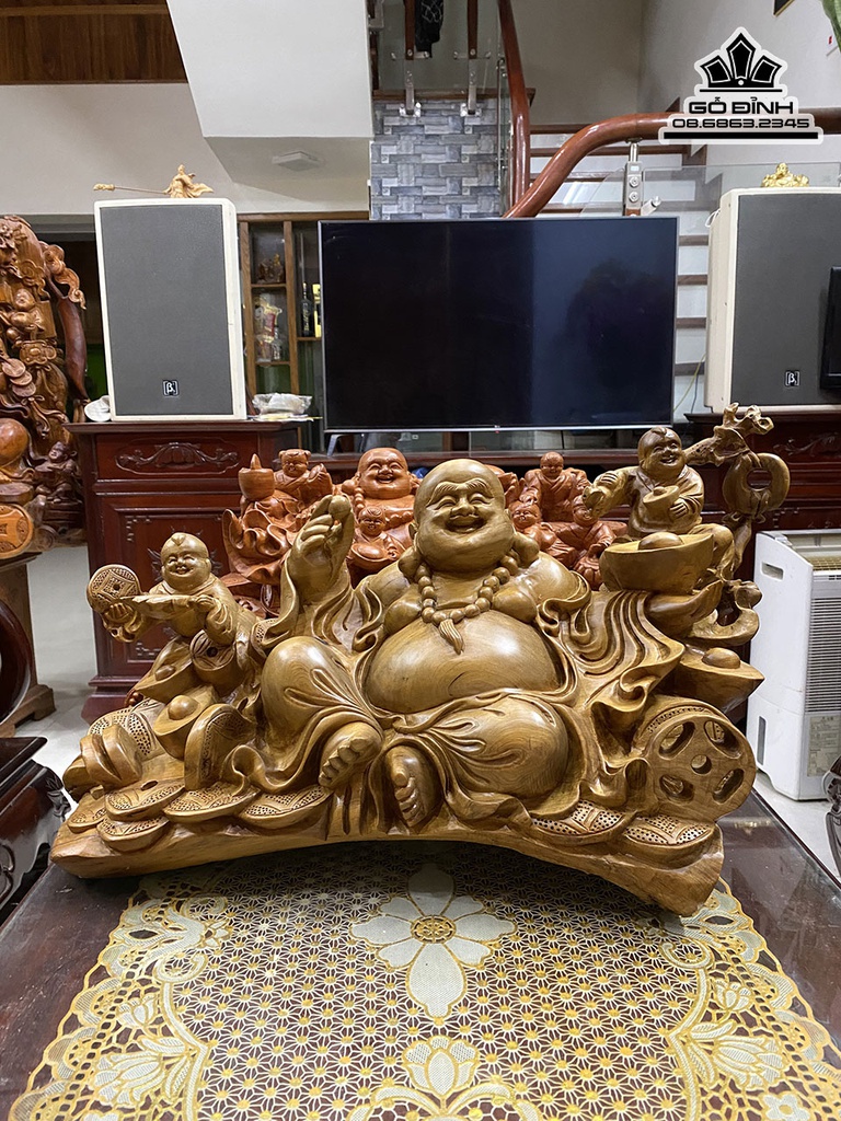 Tượng Phật Di Lặc Nhị Phúc Gỗ Bách Xanh Cao 31 Ngang 58 Sâu 28 (cm) 5