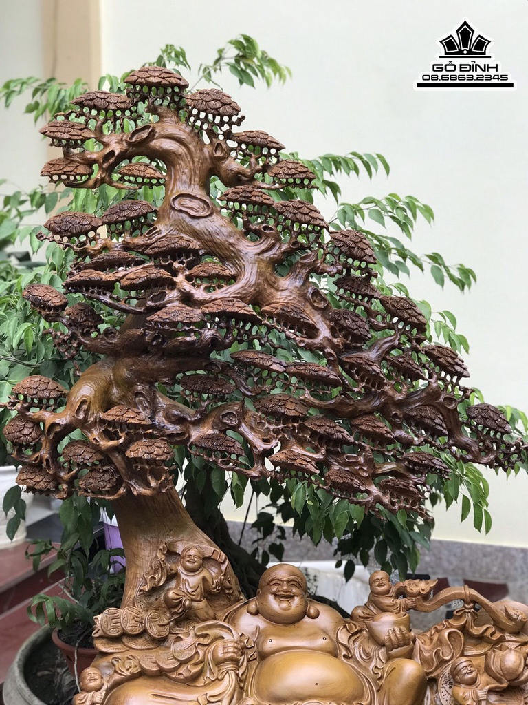Tượng Phật Di Lặc Ngồi Gốc Tùng Gỗ Bách Xanh Cao 135 Ngang 103 Sâu 45 Cả Kỷ 155 (cm) 0
