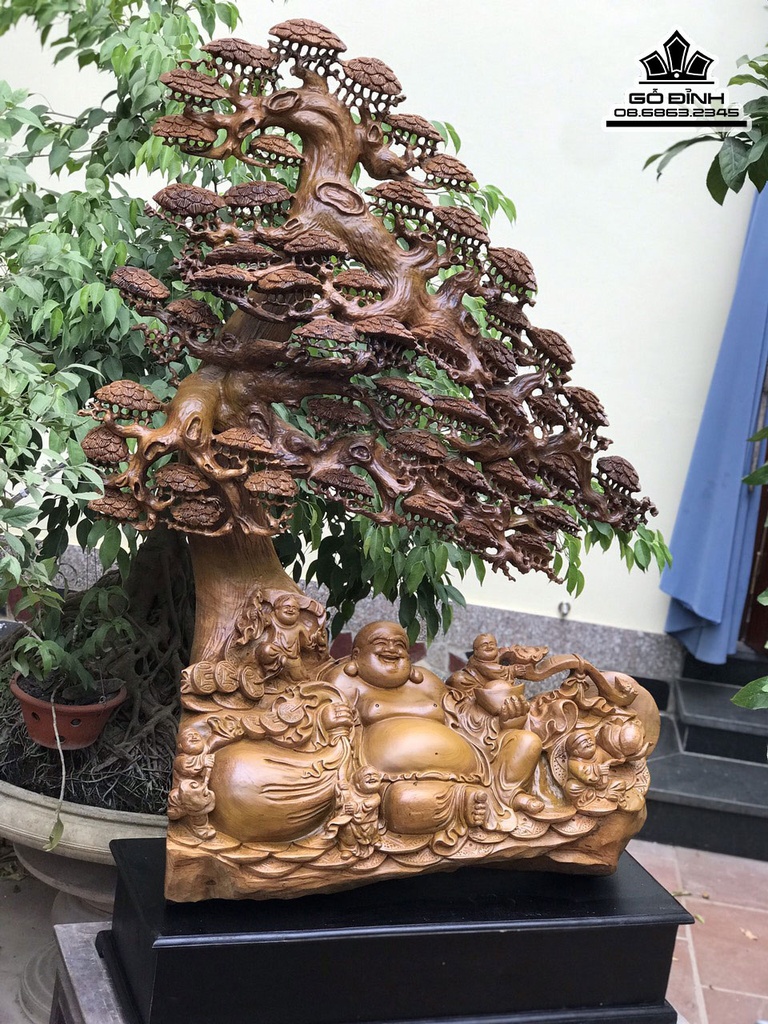 Tượng Phật Di Lặc Ngồi Gốc Tùng Gỗ Bách Xanh Cao 135 Ngang 103 Sâu 45 Cả Kỷ 155 (cm) 2