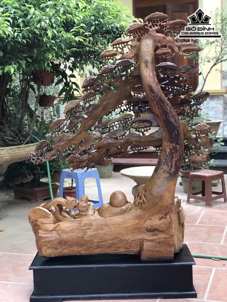 Tượng Phật Di Lặc Ngồi Gốc Tùng Gỗ Bách Xanh Cao 135 Ngang 103 Sâu 45 Cả Kỷ 155 (cm) 3