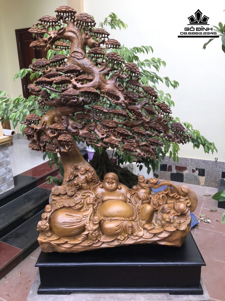 Tượng Phật Di Lặc Ngồi Gốc Tùng Gỗ Bách Xanh Cao 135 Ngang 103 Sâu 45 Cả Kỷ 155 (cm) 5