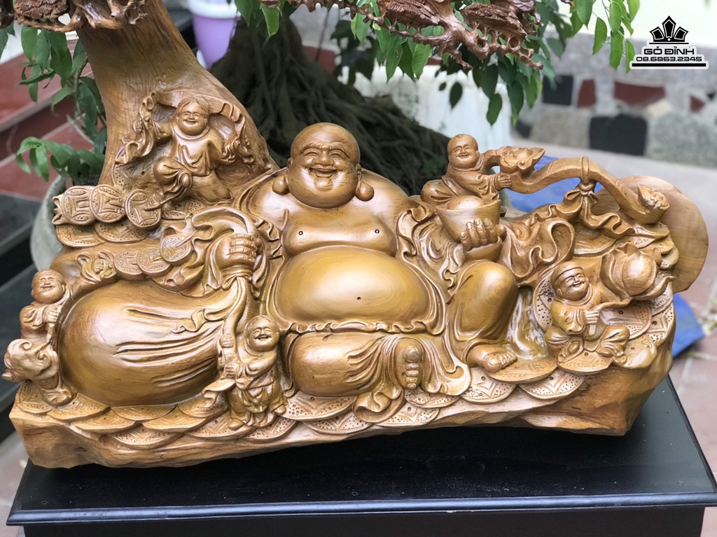 Tượng Phật Di Lặc Ngồi Gốc Tùng Gỗ Bách Xanh Cao 135 Ngang 103 Sâu 45 Cả Kỷ 155 (cm)8