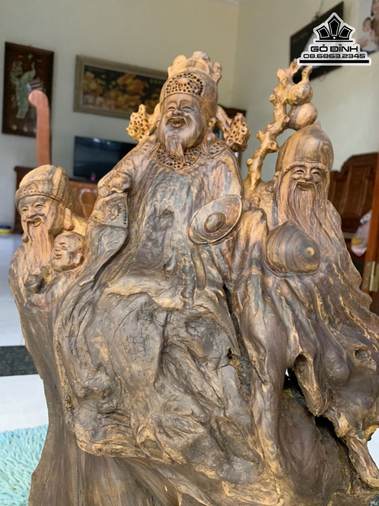 Tượng Phúc Lộc Thọ (Tam Đa) Gỗ Bách Xanh Cao 62 Ngang 34 Sâu 18 (cm) 3