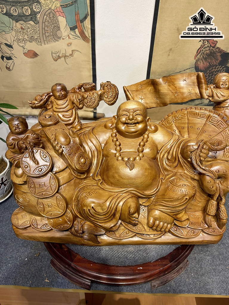 Tượng Phật Di Lặc Ngồi Chum Tiền Gỗ Ngọc Am Cao 36 Ngang 55 Sâu 28 (cm) 1