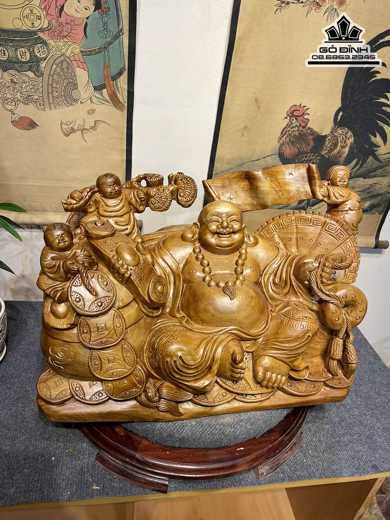 Tượng Phật Di Lặc Ngồi Chum Tiền Gỗ Ngọc Am Cao 36 Ngang 55 Sâu 28 (cm) 2
