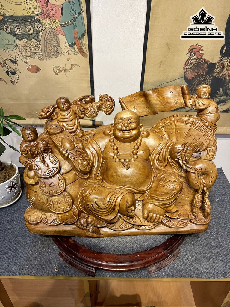 Tượng Phật Di Lặc Ngồi Chum Tiền Gỗ Ngọc Am Cao 36 Ngang 55 Sâu 28 (cm) 3