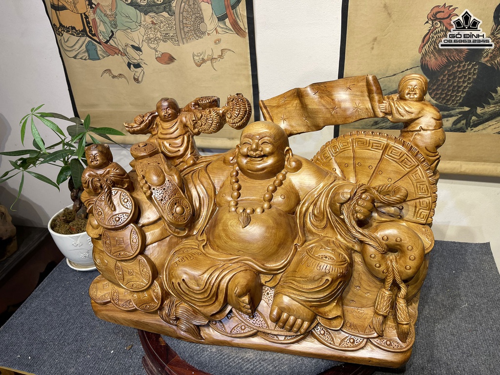 Tượng Phật Di Lặc Ngồi Chum Tiền Gỗ Ngọc Am Cao 36 Ngang 55 Sâu 28 (cm) 4