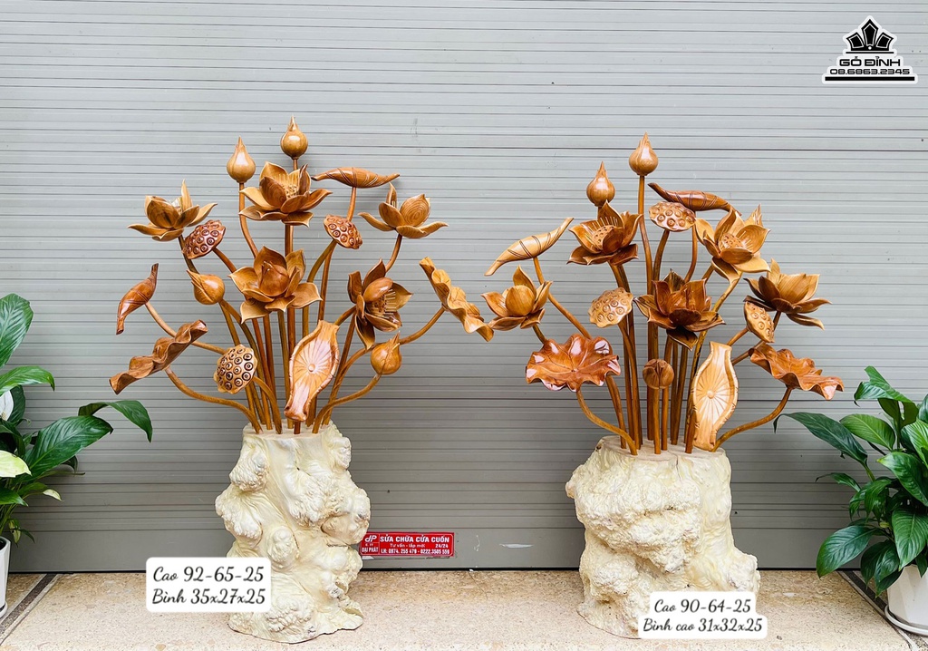Bình Hoa Sen 19 Cành Gỗ Ngọc Am Bình Cà Phê Cao 90 Ngang 65 Sâu 25 (cm) 1