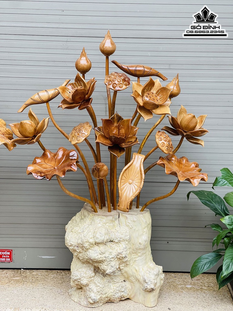 Bình Hoa Sen 19 Cành Gỗ Ngọc Am Bình Cà Phê Cao 90 Ngang 65 Sâu 25 (cm) 2