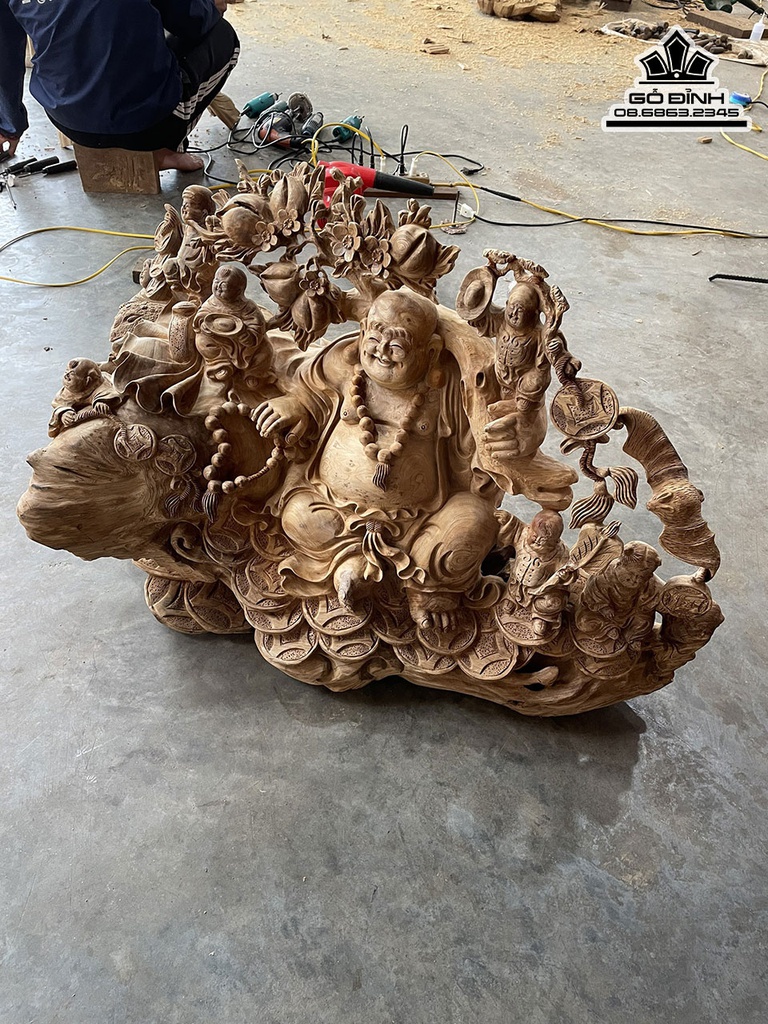 Tượng Phật Di Lặc Vác Cành Đào Gỗ Nu Ngọc Am Cao 90 Ngang 62 Sâu 40 (cm) 2