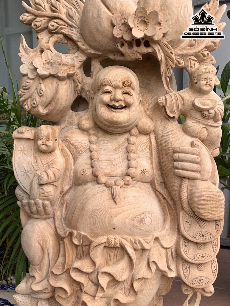 Tượng Phật Di Lặc Vác Cành Đào Gỗ Ngọc Am Cao 95 Ngang 43 Sâu 22 (cm) 1