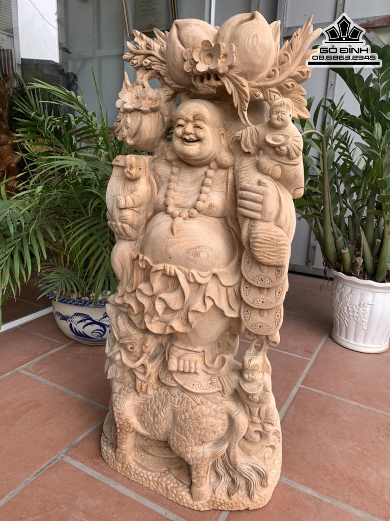 Tượng Phật Di Lặc Vác Cành Đào Gỗ Ngọc Am Cao 95 Ngang 43 Sâu 22 (cm) 3