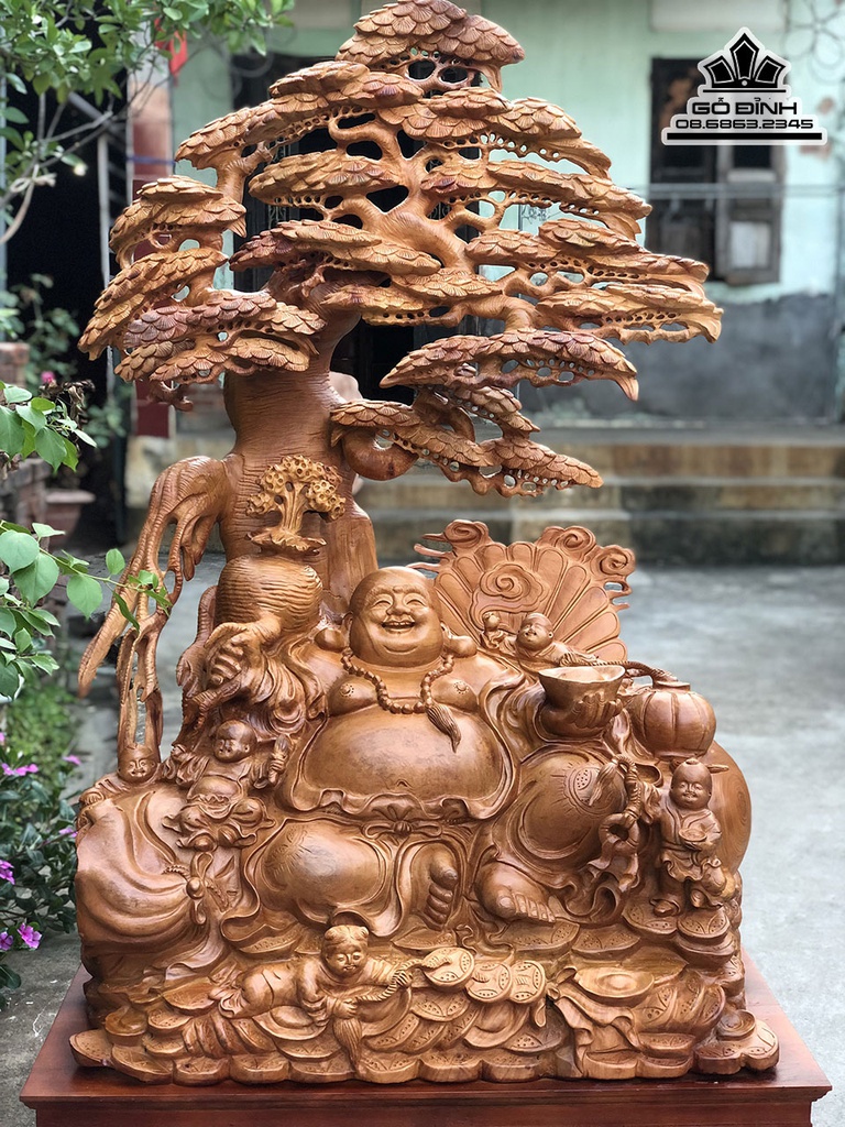 Tượng Phật Di Lặc Ngồi Gốc Tùng Gỗ Hương Cao 128 Ngang 86 Sâu 60 Cả Kỷ 156 (cm) 0