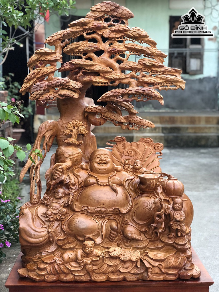Tượng Phật Di Lặc Ngồi Gốc Tùng Gỗ Hương Cao 128 Ngang 86 Sâu 60 Cả Kỷ 156 (cm) 3