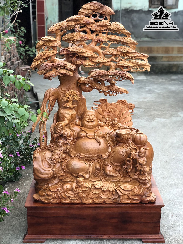 Tượng Phật Di Lặc Ngồi Gốc Tùng Gỗ Hương Cao 128 Ngang 86 Sâu 60 Cả Kỷ 156 (cm) 4
