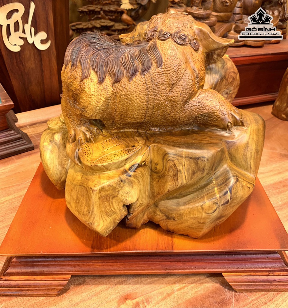 Tượng Lân Sư Gỗ Nu Hương Cao 26 Ngang 32 Sâu 40 (cm) 3