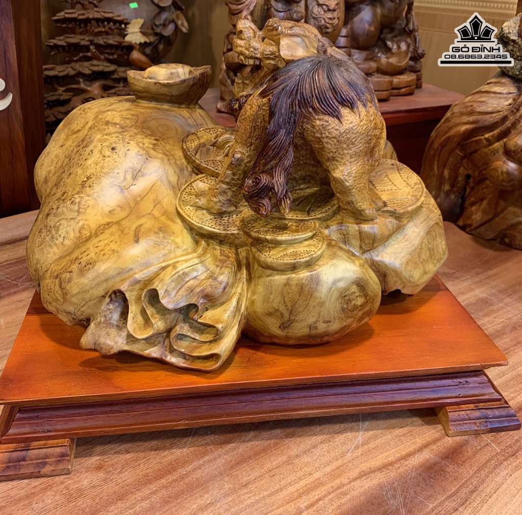 Tượng Lân Sư Gỗ Nu Hương Cao 26 Ngang 32 Sâu 40 (cm) 6