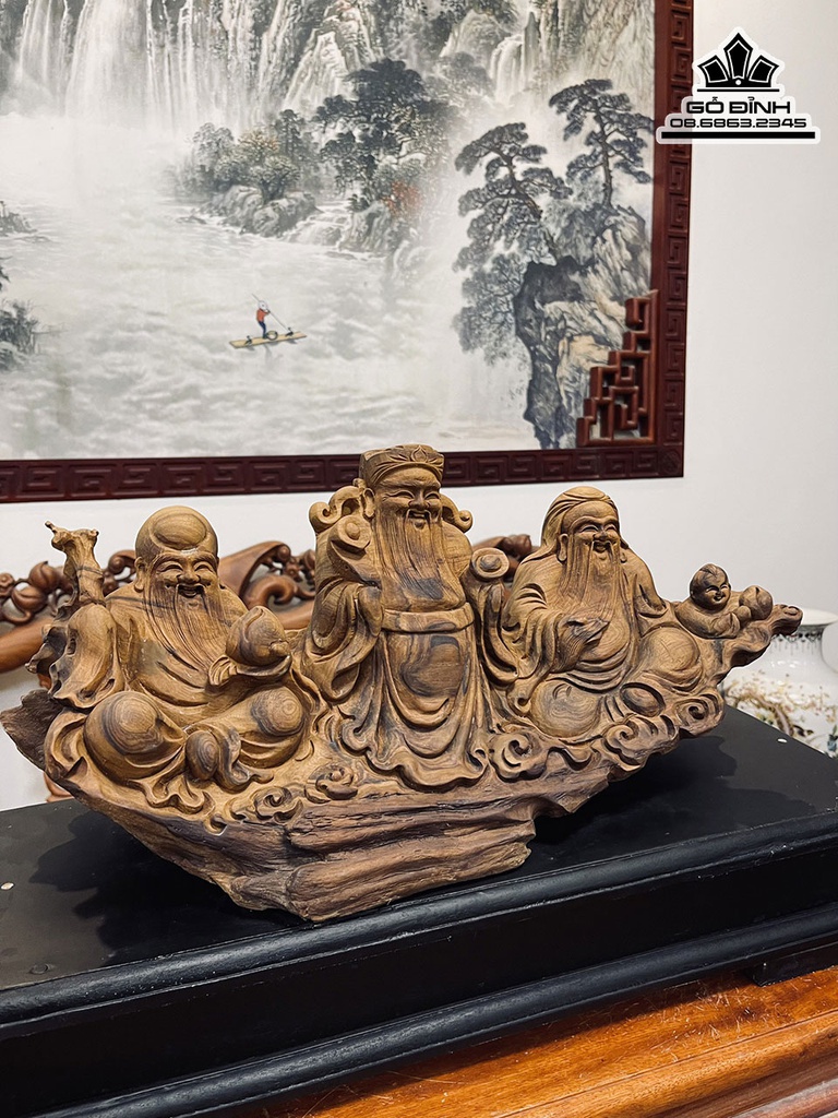 Tượng Phúc Lộc Thọ (Tam Đa) Gỗ Bách Xanh Cao 22 Ngang 50 Sâu 16 (cm) 2
