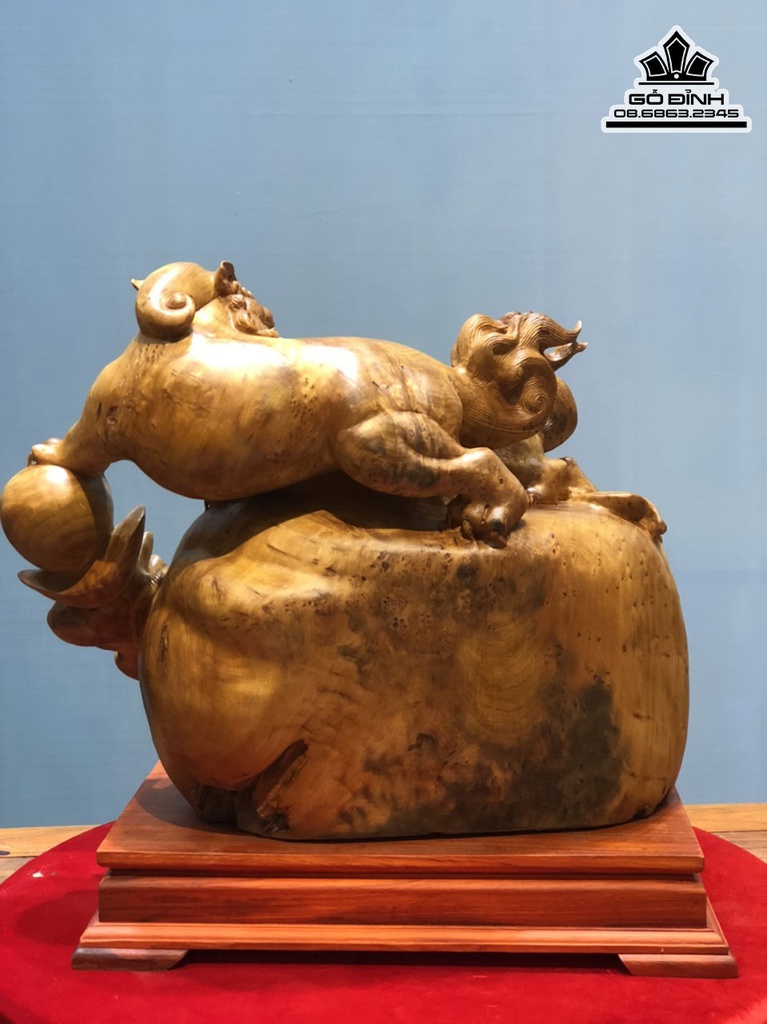 Tượng Song Nghê Gỗ Nu Ngọc Am Cao 59 Ngang 57 Sâu 31 (cm) 2