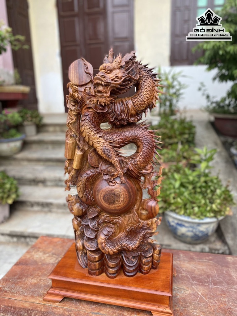 Tượng Nhất Long Vờn Ngọc Gỗ Hương Cao 77 Ngang 35 Sâu 17 Cả Kỷ 86 (cm) 0