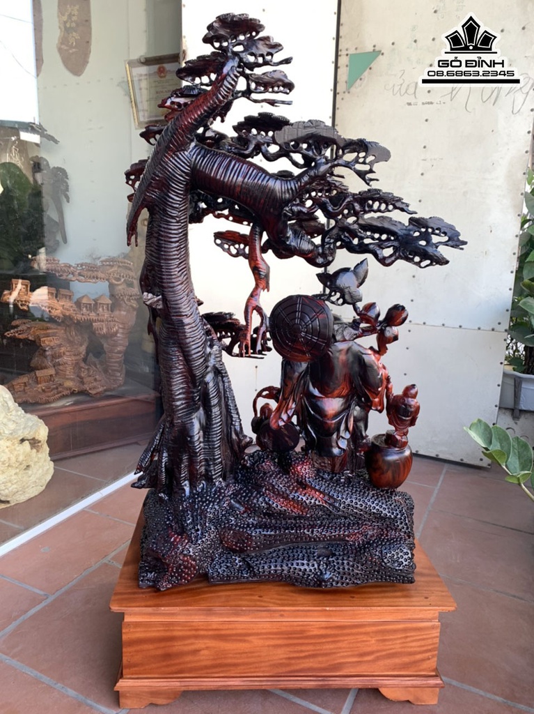 Tượng Phật Di Lặc Đứng Gốc Tùng Gỗ Trắc Cao 110 Ngang 70 Sâu 40 Cả Kỷ 134 (cm) 0