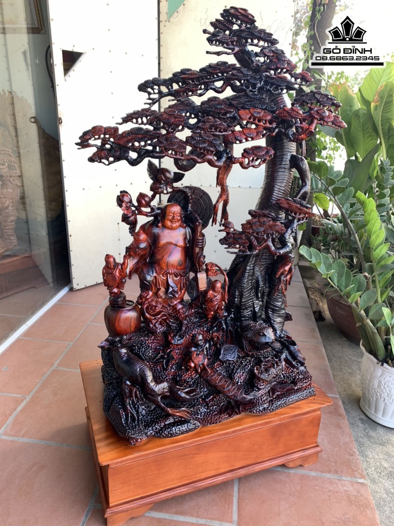 Tượng Phật Di Lặc Đứng Gốc Tùng Gỗ Trắc Cao 110 Ngang 70 Sâu 40 Cả Kỷ 134 (cm) 1