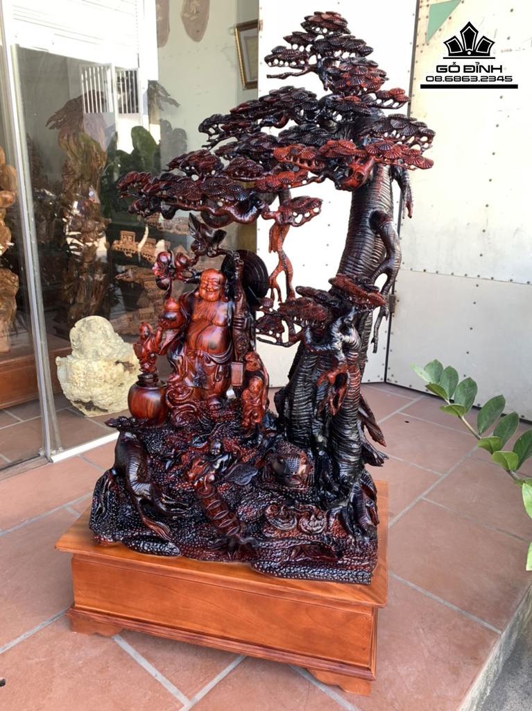 Tượng Phật Di Lặc Đứng Gốc Tùng Gỗ Trắc Cao 110 Ngang 70 Sâu 40 Cả Kỷ 134 (cm) 4