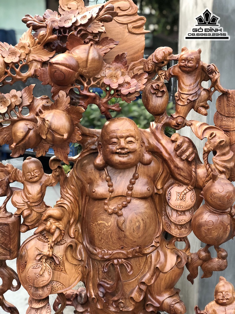 Tượng Phật Di Lặc Vác Cành Đào Gỗ Hương Cao 130 Ngang 105 Sâu 50 (cm) 3