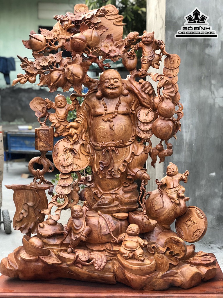 Tượng Phật Di Lặc Vác Cành Đào Gỗ Hương Cao 130 Ngang 105 Sâu 50 (cm) 5