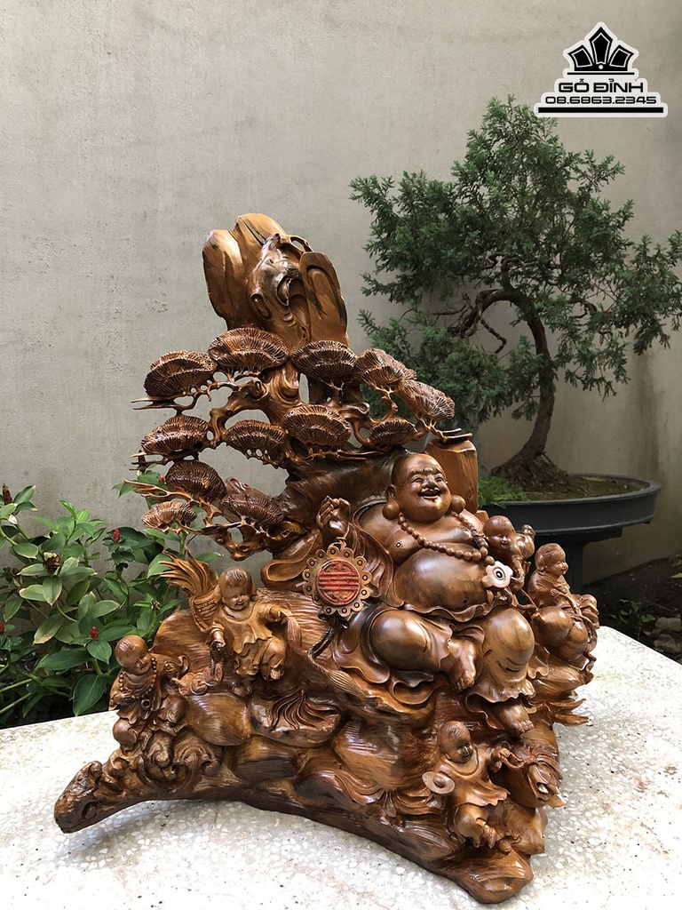 Tượng Phật Di Lặc Ngũ Phúc Gỗ Bách Xanh Cao 68 Ngang 70 Sâu 30 (cm) 2
