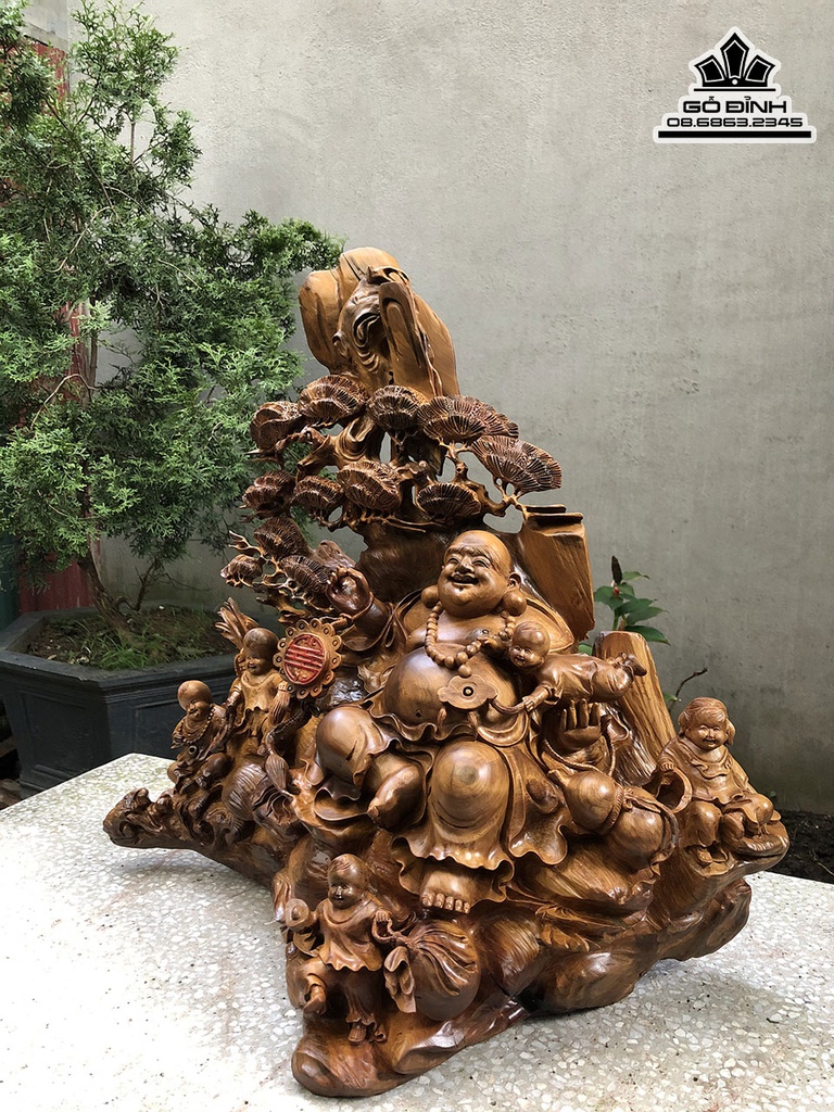 Tượng Phật Di Lặc Ngũ Phúc Gỗ Bách Xanh Cao 68 Ngang 70 Sâu 30 (cm) 3
