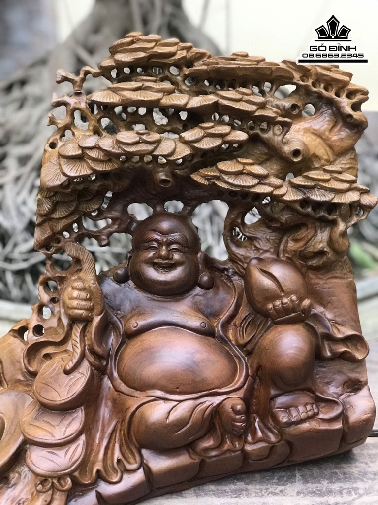 Tượng Phật Di Lặc ngồi Gốc Tùng Gỗ bách Xanh Cao 40 Ngang 41 Sâu 16 (cm) 0