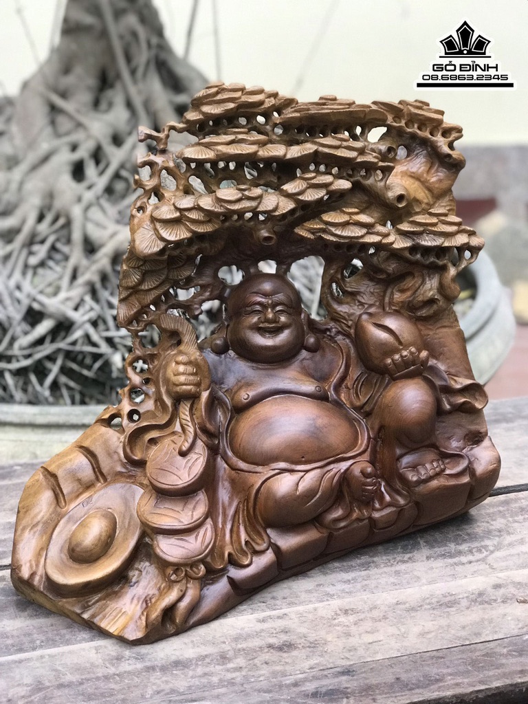 Tượng Phật Di Lặc ngồi Gốc Tùng Gỗ bách Xanh Cao 40 Ngang 41 Sâu 16 (cm) 3