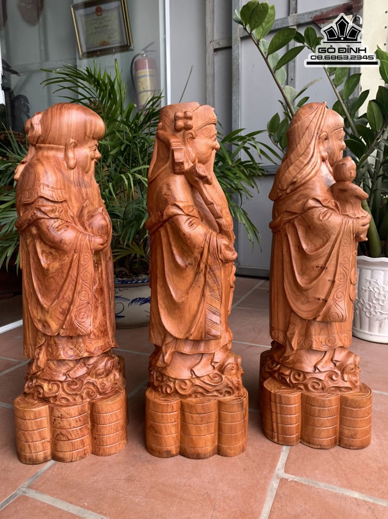 Tượng Phúc Lộc Thọ (Tam Đa) Gỗ Hương Đá Cao 70 Ngang 26 sâu 22 (cm0 2
