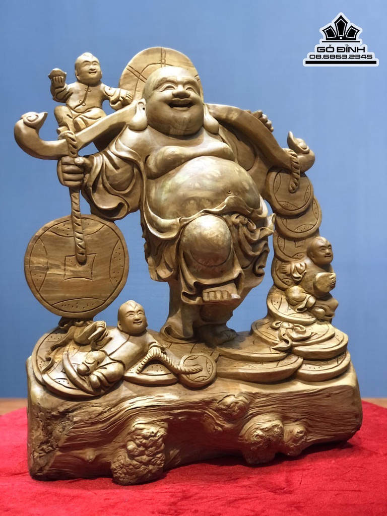 Tương Phật Di Lặc Vác Gậy Như Ý Gỗ Nu Nghiến Cao 59 Ngang 46 Sâu 20 (cm) 2