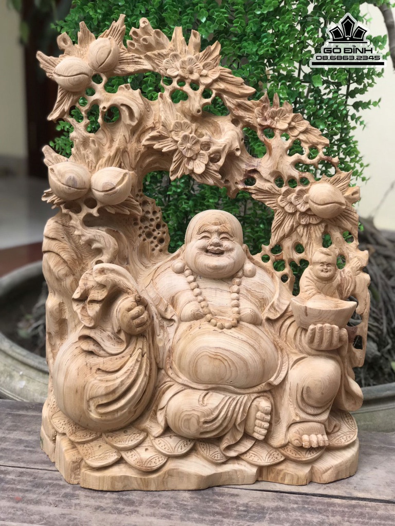 Tượng Phật Di Lặc Ngồi Gốc Đào Gỗ Ngọc Am Cao 58 Ngang 43 Sâu 16 (cm) 0