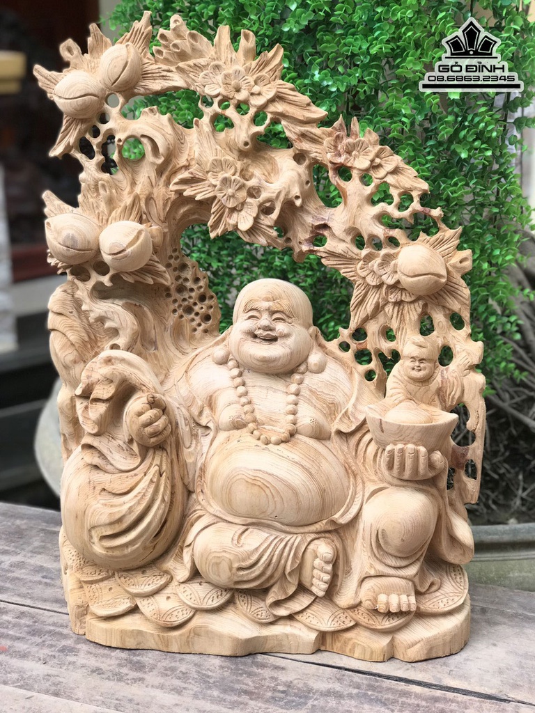 Tượng Phật Di Lặc Ngồi Gốc Đào Gỗ Ngọc Am Cao 58 Ngang 43 Sâu 16 (cm) 2