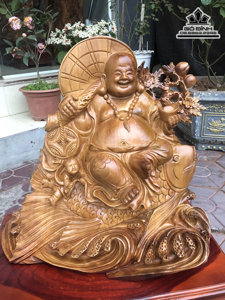 Tượng Phật Di Lặc Ngồi Cá Chép Gỗ Hương Cao 55 ngang 55 Sâu 32 (cm) 1
