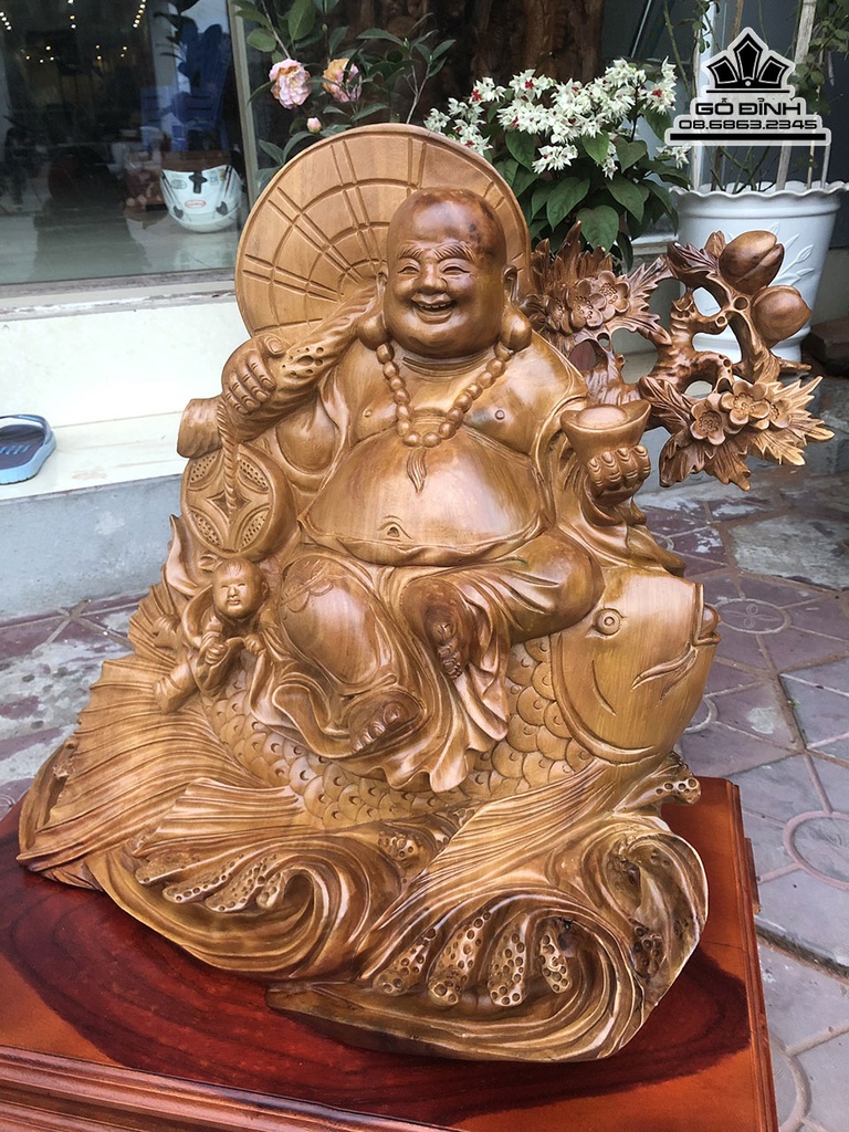 Tượng Phật Di Lặc Ngồi Cá Chép Gỗ Hương Cao 55 ngang 55 Sâu 32 (cm) 2