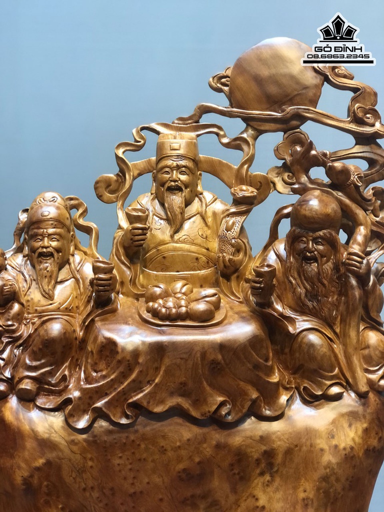 Tượng Phúc Lộc Thọ (Tam Đa) Gỗ Ngọc Am Cao 61 Ngang 42 Sâu 23 Cả Kỷ 76 (cm) 0