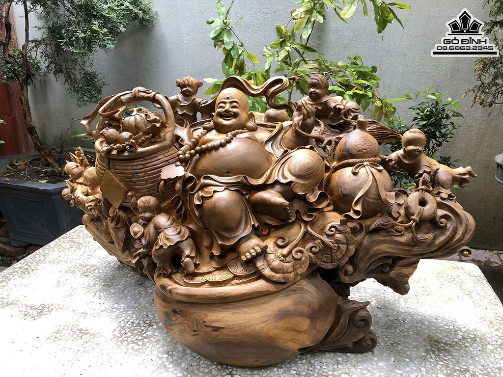 Tượng Phật Di Lặc Gỗ Bách Xanh Cao 50 Ngang 90 Sâu 40 (cm) 2